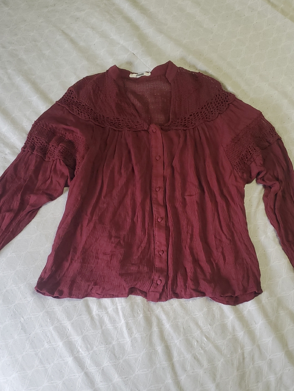 Gimmicks by BKE Burgundy Button-Front Lace Yoke Blouse